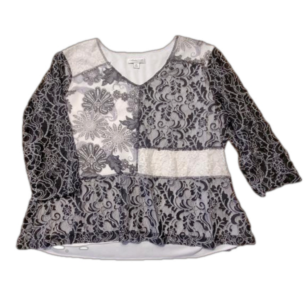 Coldwater Creek Black & White Lace Half Sleeve Top - 1X